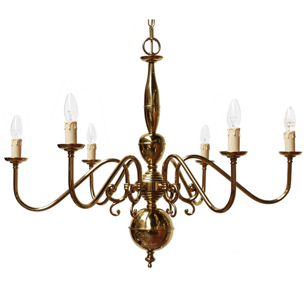 FLEMISH CANDLE-STYLE BRASS SINGLW TIER CHANDELIER, EIGHT-LIGHT